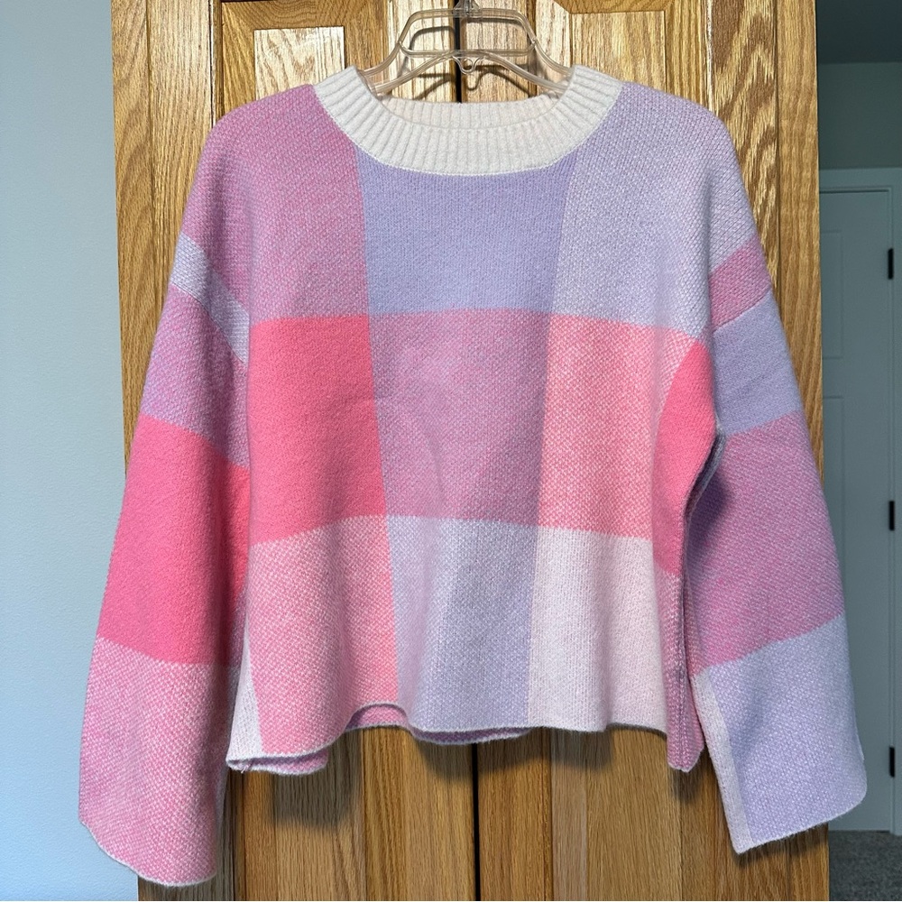NWT Pink and Purple Plaid Women's Sweater mi ami for francesca’s boutique
